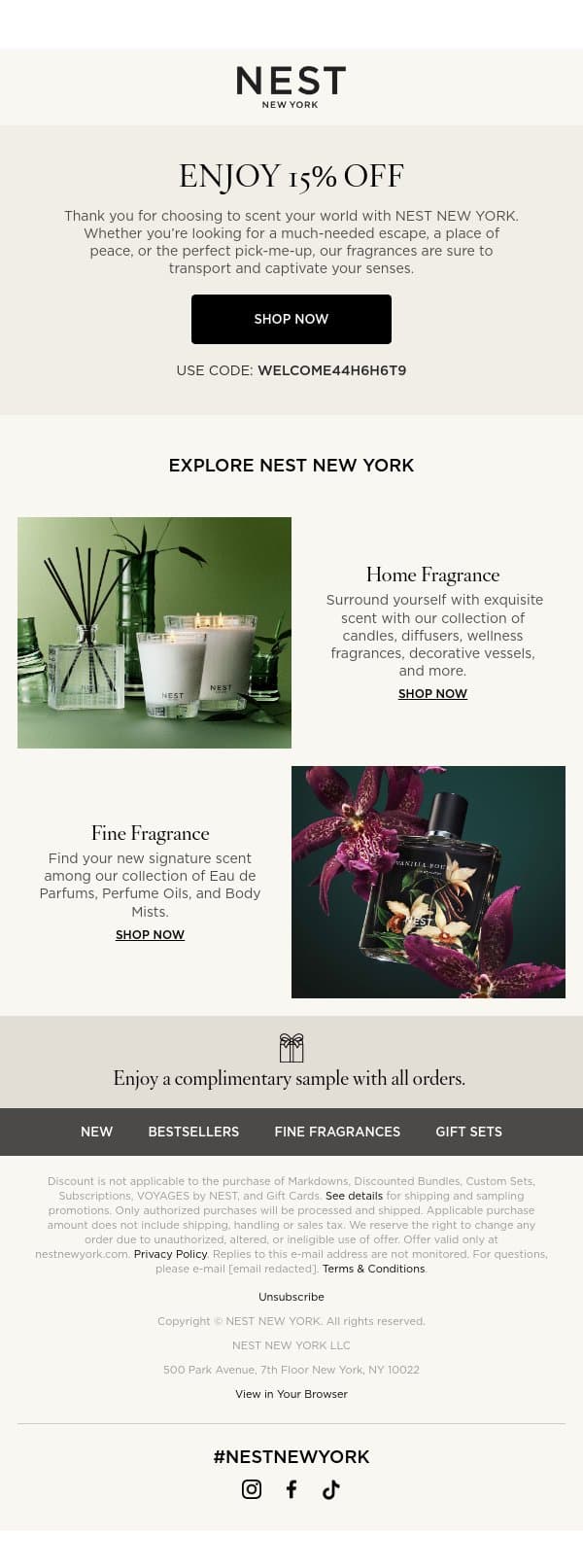 Welcome to NEST NEW YORK email from NEST New York screenshot