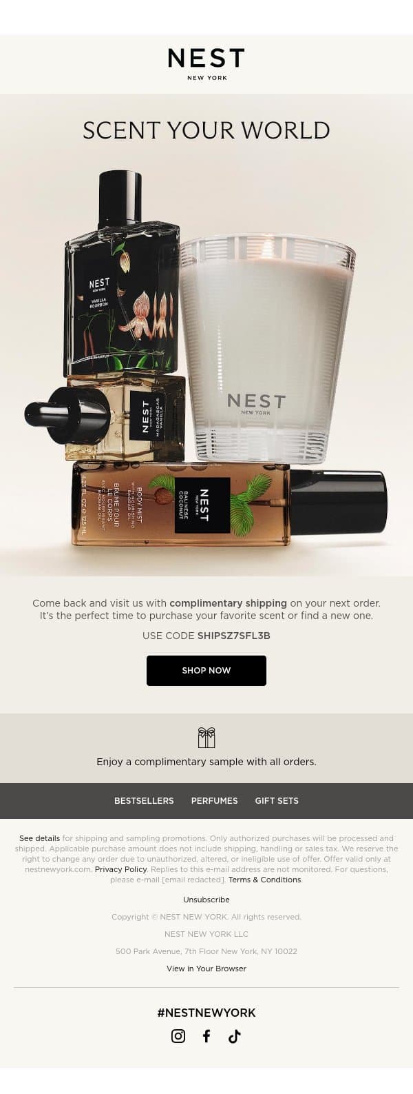 Complimentary shipping just for you email from NEST New York screenshot