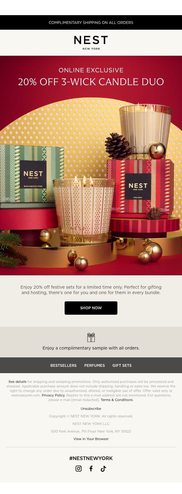 20% off online-exclusive sets email from NEST New York screenshot