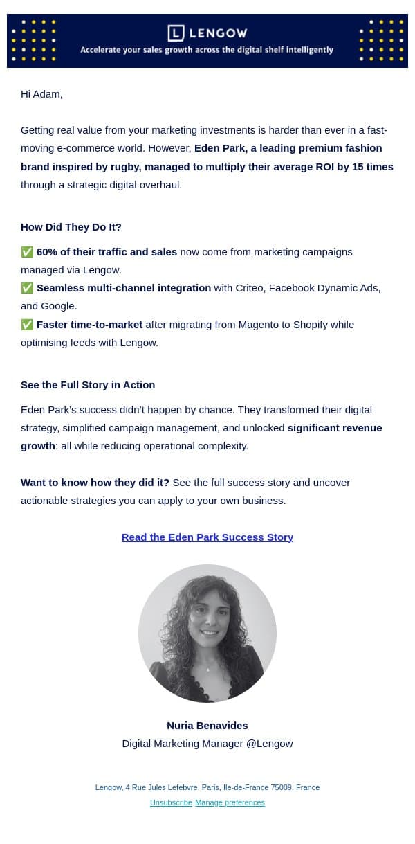 AdamDiscover How Eden Park Achieved a 15x ROI in Their Marketing Campaigns. email from NetRivals screenshot