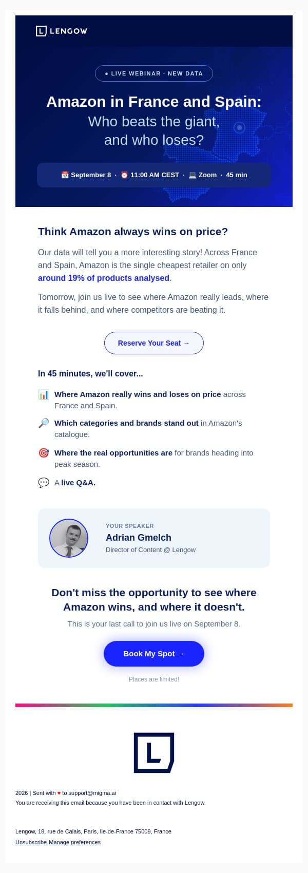 ⚠️Last Call: Sept 8 Webinar on Amazon's Market Position! email from NetRivals screenshot