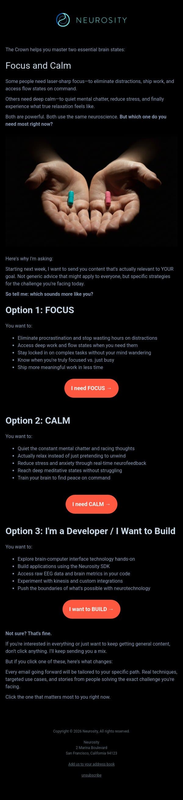 Choose one: Focus or calm? email from Neurosity screenshot