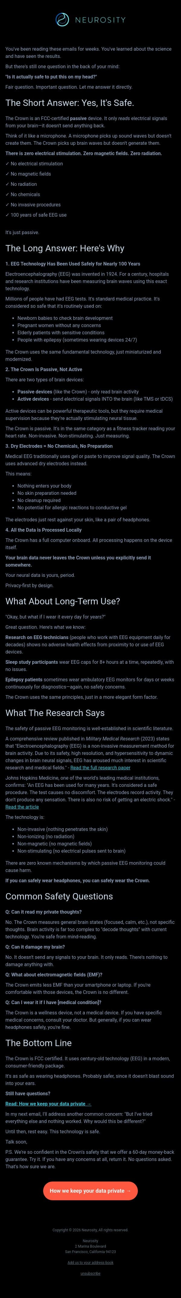 The safety question everyone has (here's the answer) email from Neurosity screenshot