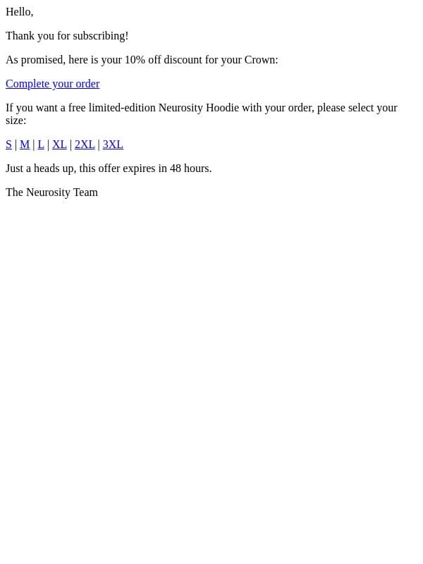 Your 10% off Discount email from Neurosity screenshot