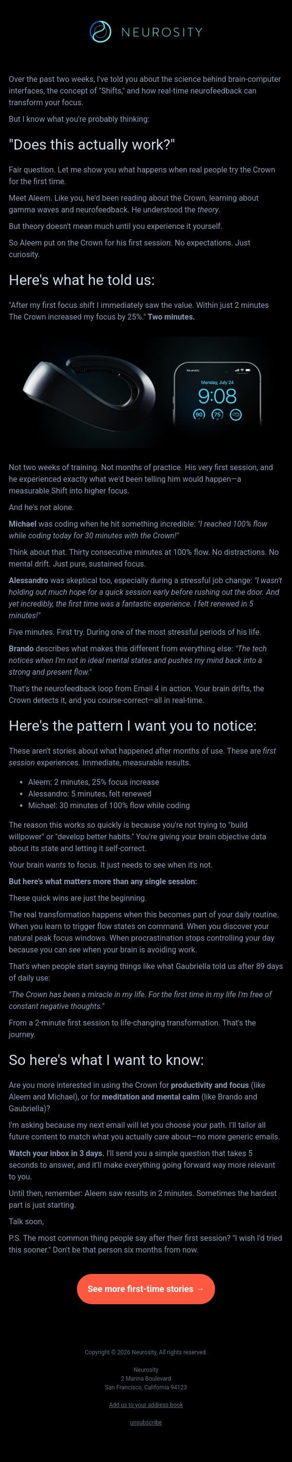 Within 2 minutes, my focus increased by 25% email from Neurosity screenshot
