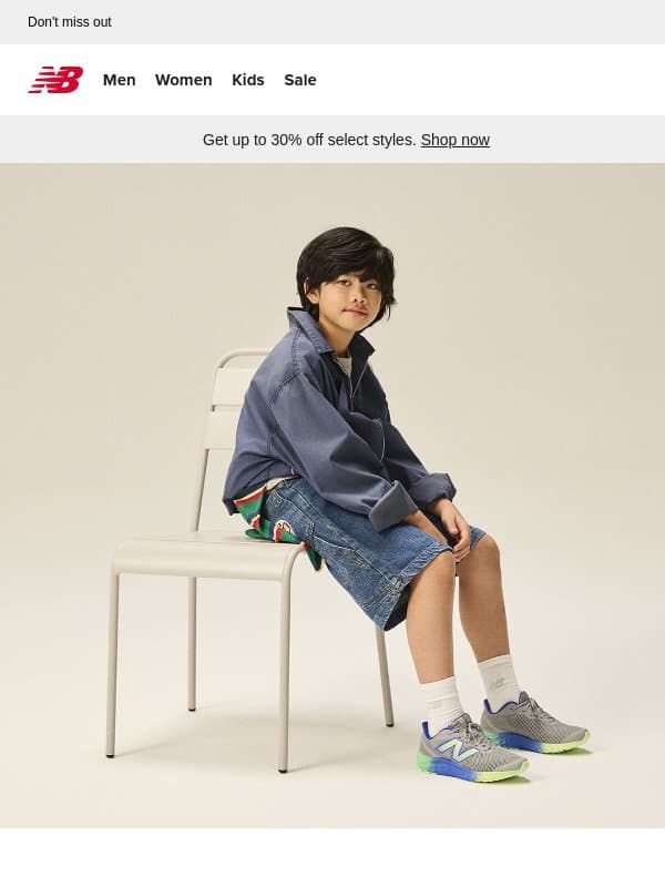 Top kids' styles on sale now email from New Balance