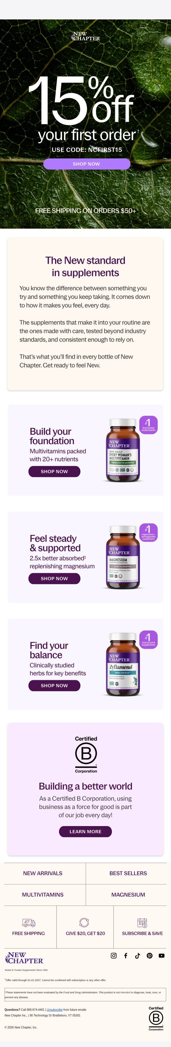 The New standard in supplements (15% inside) email from New Chapter screenshot