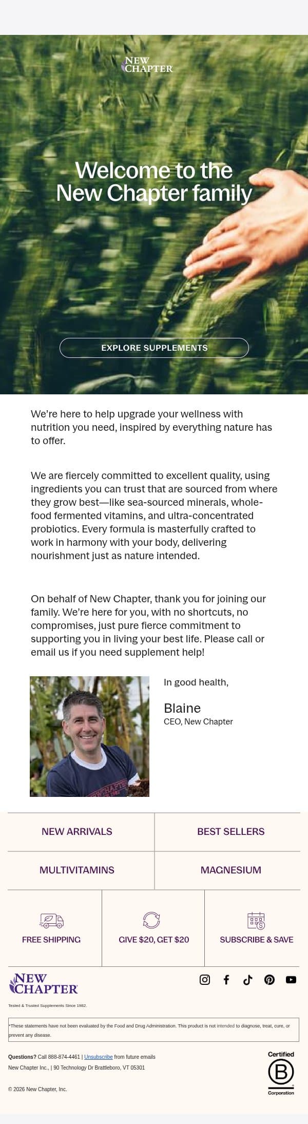 Welcome! Here’s what we’re all about… email from New Chapter screenshot