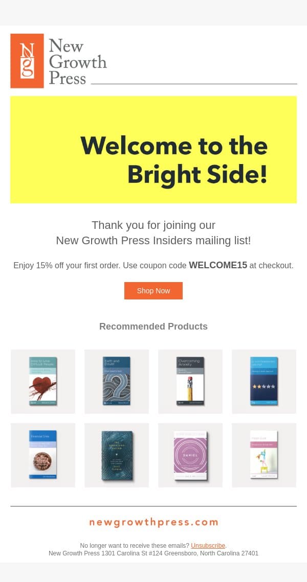 Thank you for subscribing to our newsletter! email from New Growth Press screenshot