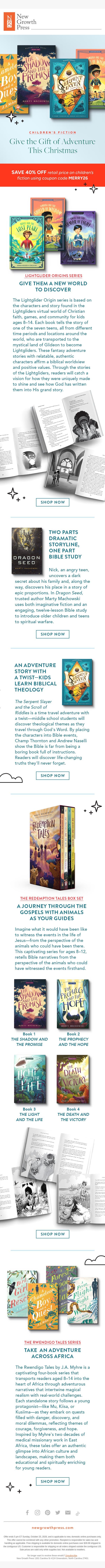 Give the Gift of Adventure this Christmas! email from New Growth Press screenshot