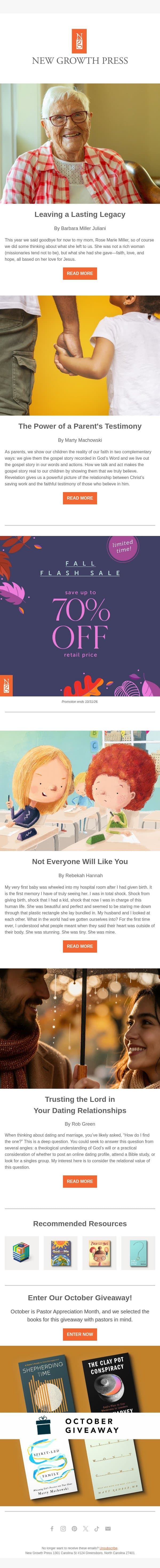 The Power of a Parent's Testimony email from New Growth Press screenshot