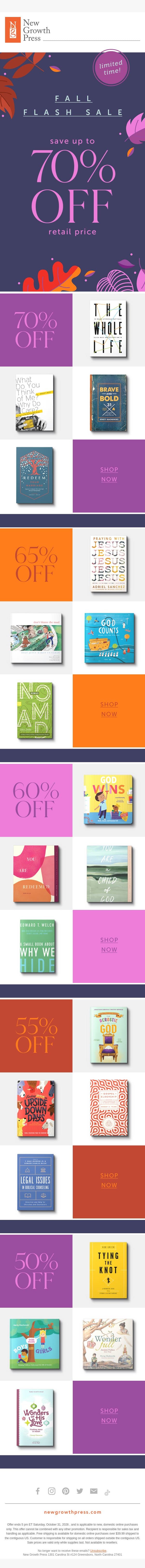 FALL FLASH SALE ๐ UP TO 70% OFF email from New Growth Press screenshot