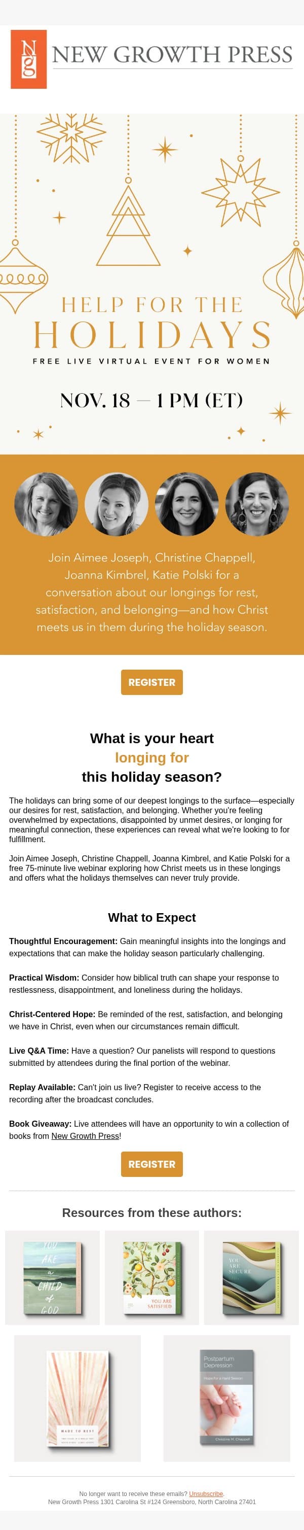 What is your heart longing for this holiday season? email from New Growth Press screenshot