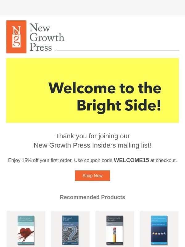 Thank you for subscribing to our newsletter! email from New Growth Press