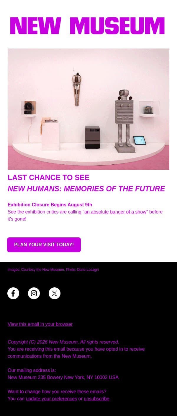 LAST CHANCE—"NEW HUMANS: MEMORIES OF THE FUTURE" email from New Museum screenshot