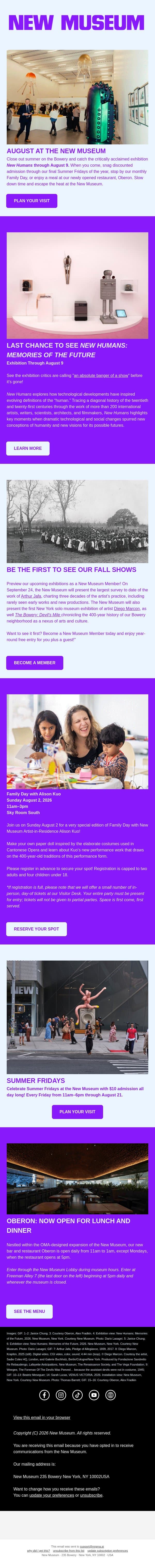 Summer Fridays, New Dining Experiences, and Fall Exhibitions email from New Museum screenshot