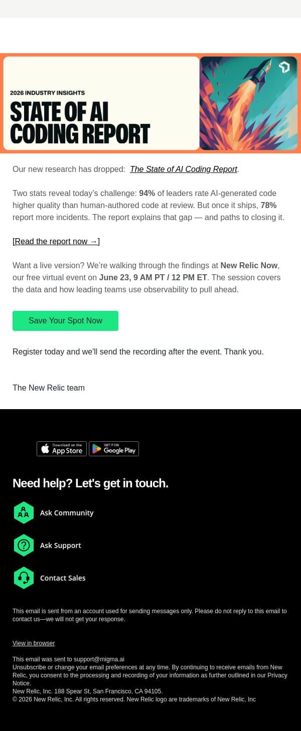 New research: what AI generated code does in production email from New Relic screenshot