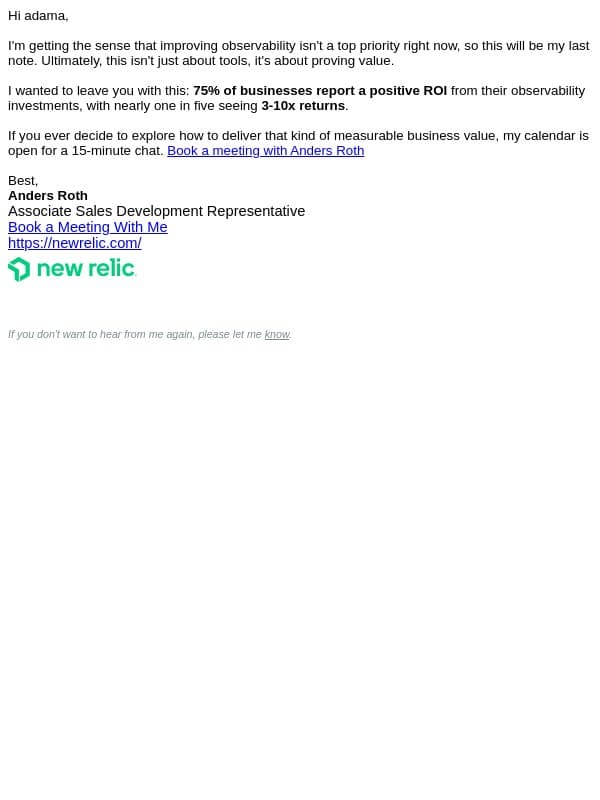 Closing the loop (for now) email from New Relic screenshot