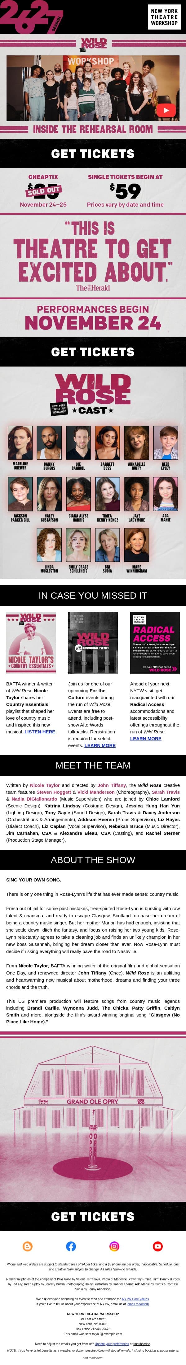 WILD ROSE is now in rehearsals email from New York Theatre Workshop screenshot