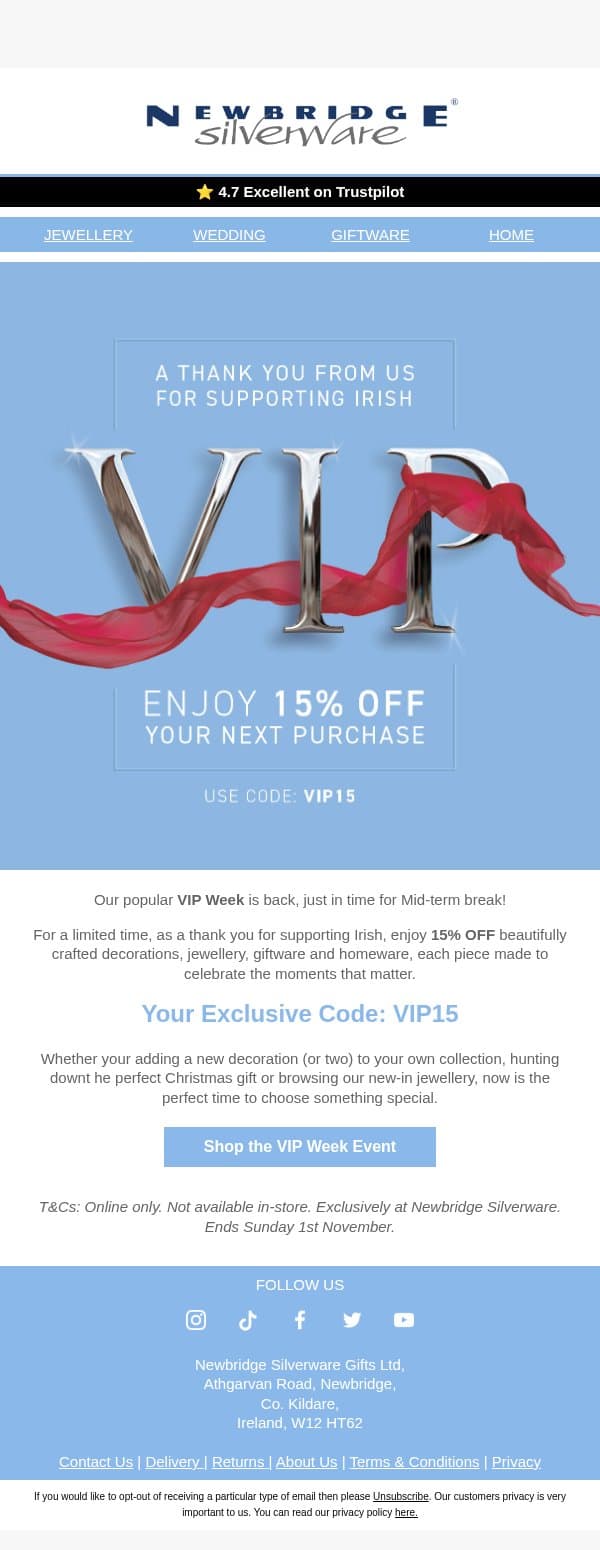 VIP Week: 15% OFF Just For You β¨ππ email from Newbridge Silverware screenshot