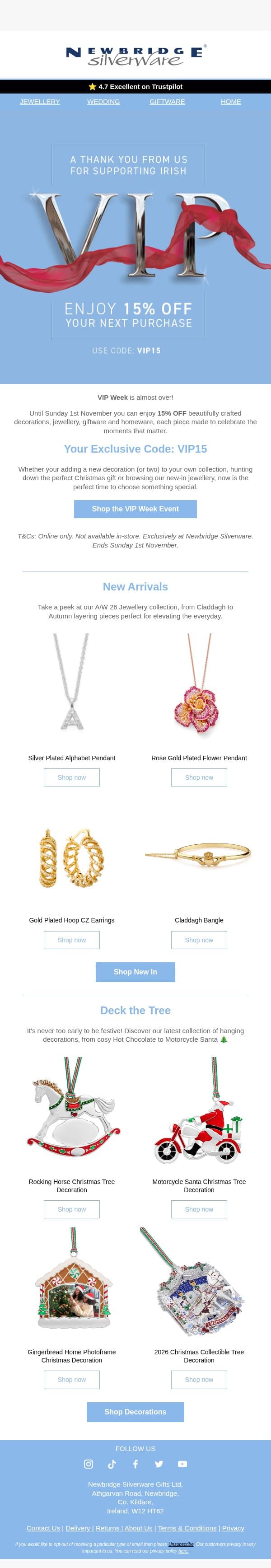 VIP 15% OFF Ends TOMORROW ✨ email from Newbridge Silverware screenshot