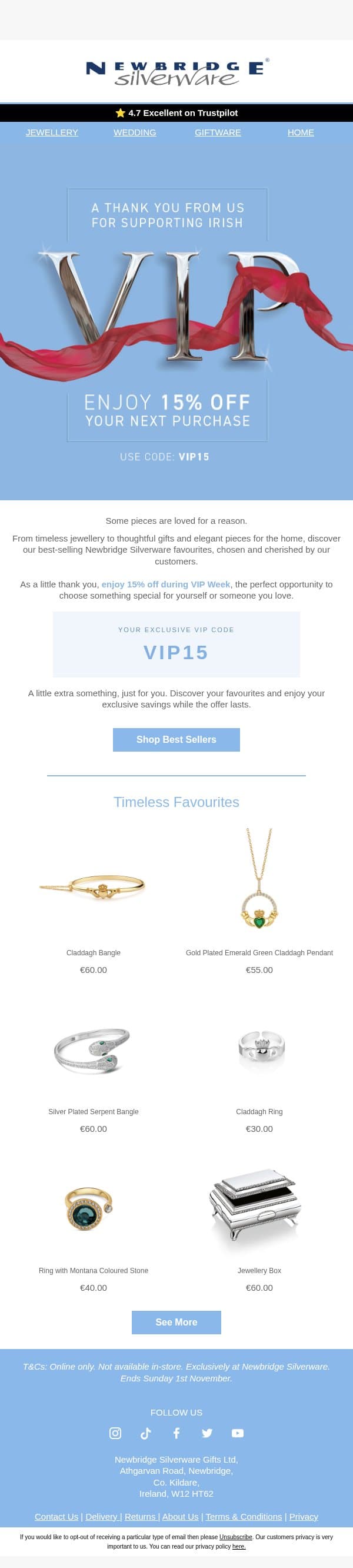 Your VIP Favourites, 15% OFF β¨ππ email from Newbridge Silverware screenshot