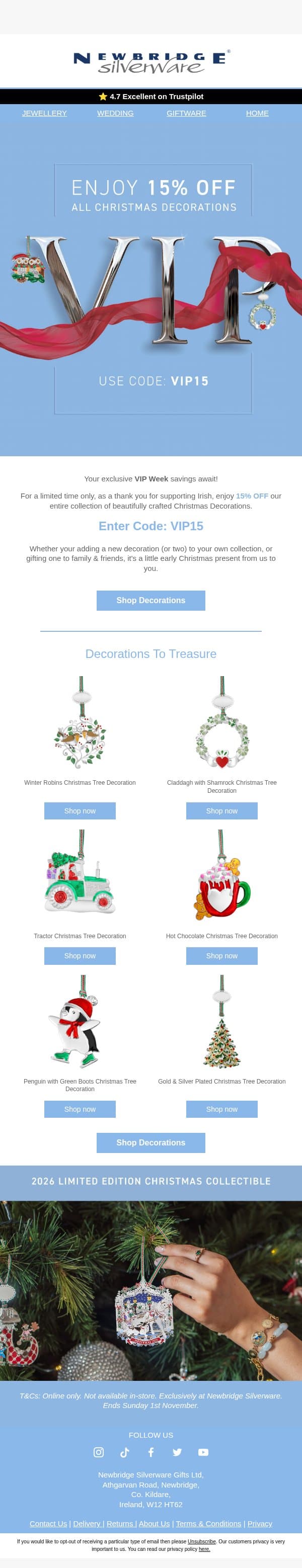 VIP Week: 15% OFF Christmas Decorations π
π email from Newbridge Silverware screenshot