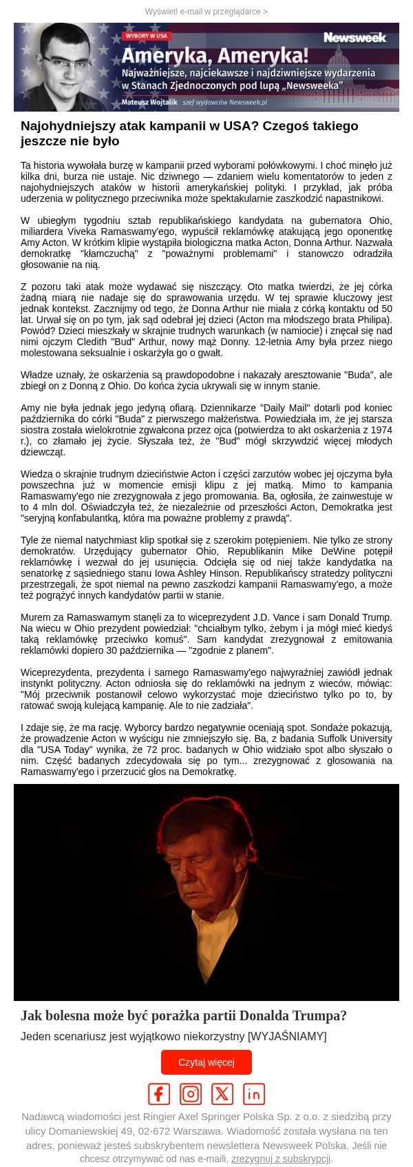 Ohydny atak polityczny. Czegoś takiego w USA jeszcze nie było email from Newsweek Polska screenshot