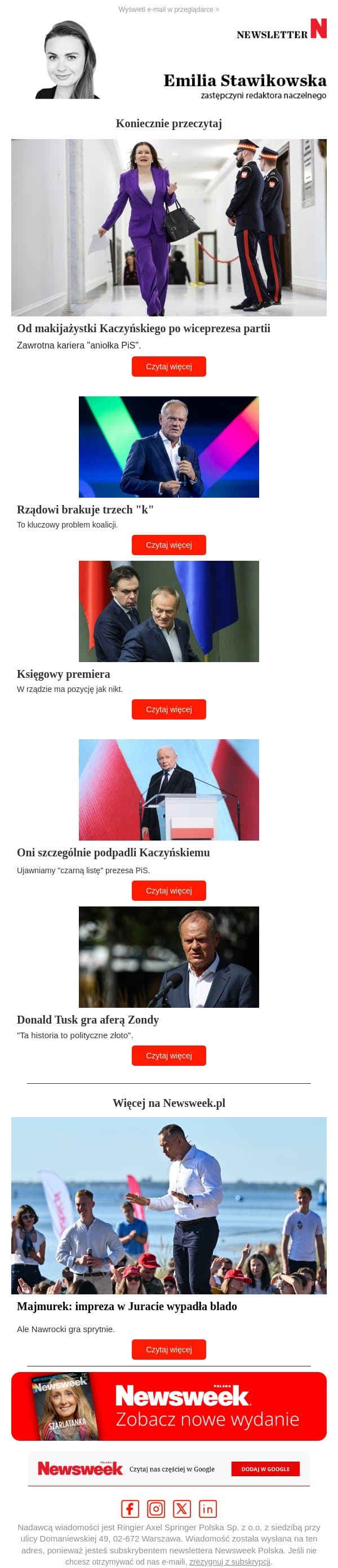 Kaprys prezesa. Zawrotna kariera "aniołka PiS" email from Newsweek Polska screenshot