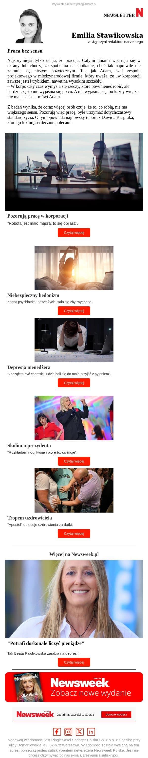 Pozorują pracę w korporacji. "Robota jest mało mądra, to się obijasz" email from Newsweek Polska screenshot
