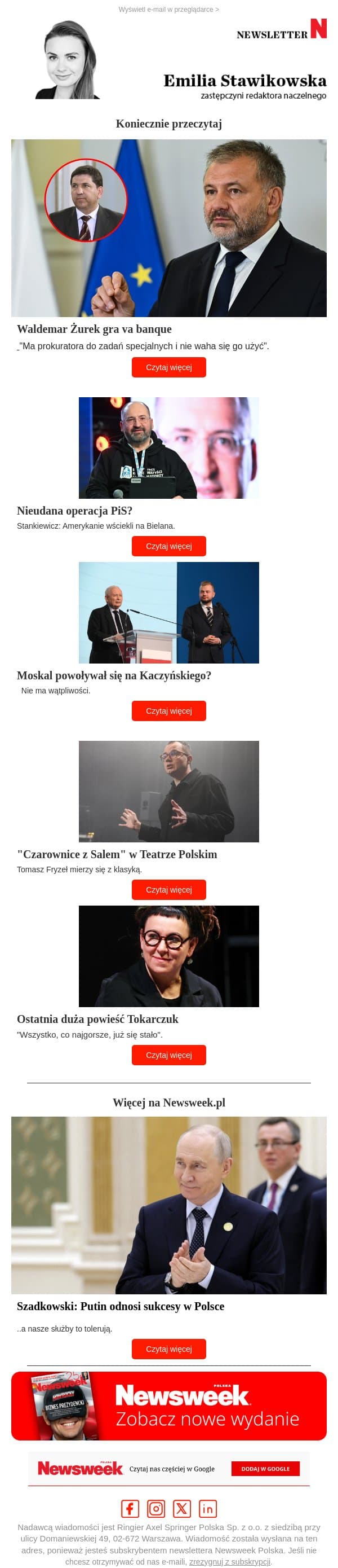 Ostatnia nadzieja Żurka? "Nie boi się jazdy po bandzie" email from Newsweek Polska screenshot
