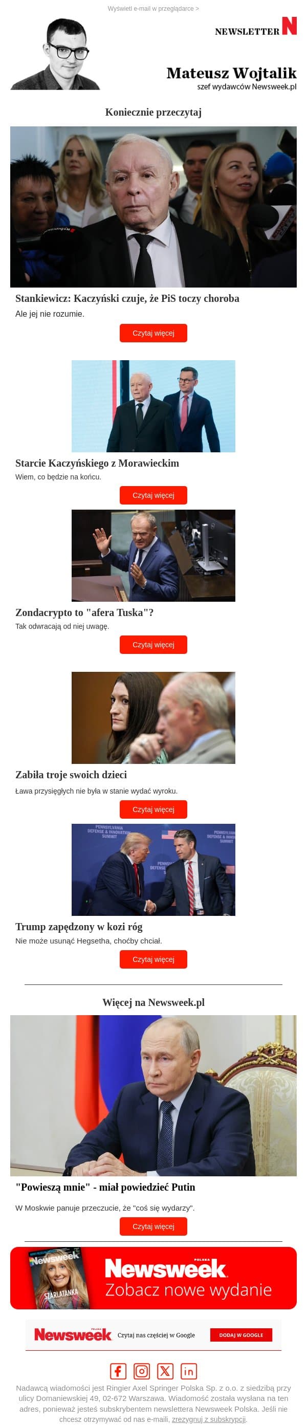 Stankiewicz: świat Kaczyńskiego się wali. Afera Zondy to nowy dowód email from Newsweek Polska screenshot