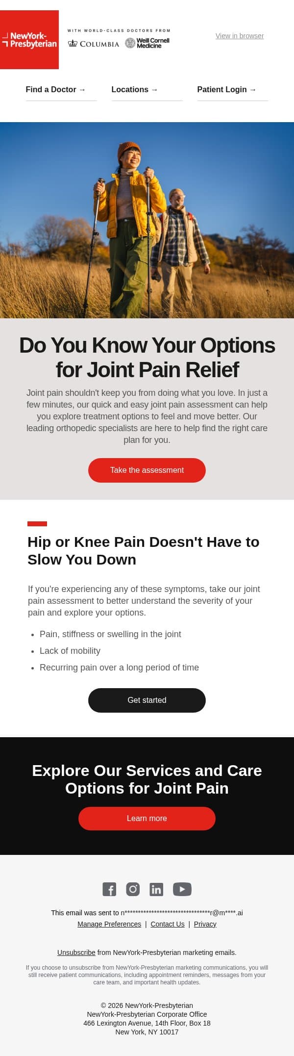 Find the Right Joint Pain Treatment for You email from NewYork-Presbyterian screenshot