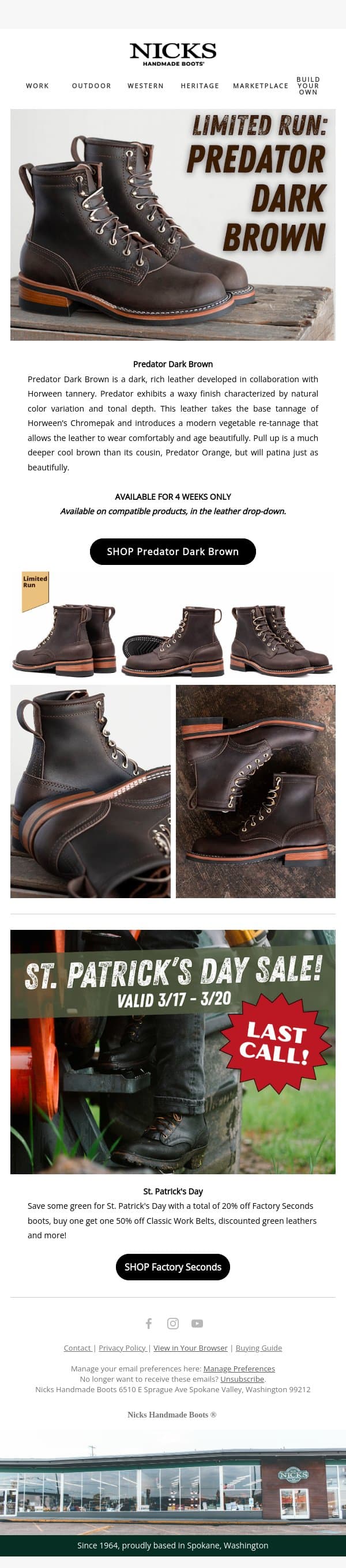 Predator Dark Brown: A Limited Time Offer! email from Nick's Handmade Boots screenshot