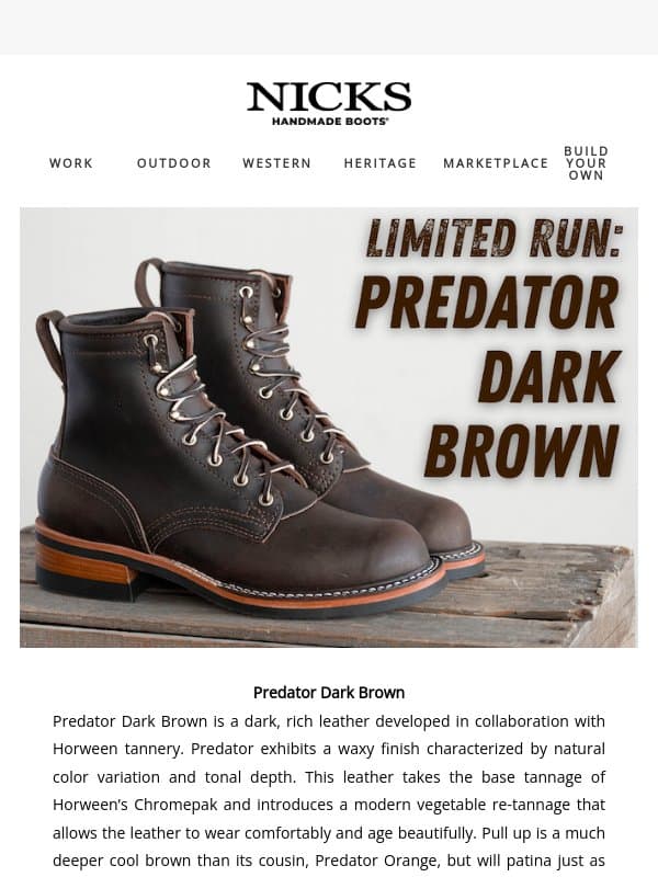 Predator Dark Brown: A Limited Time Offer! email from Nick's Handmade Boots
