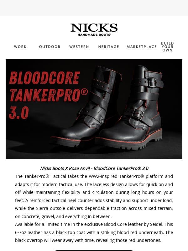 BloodCore Is Back! email from Nick's Handmade Boots