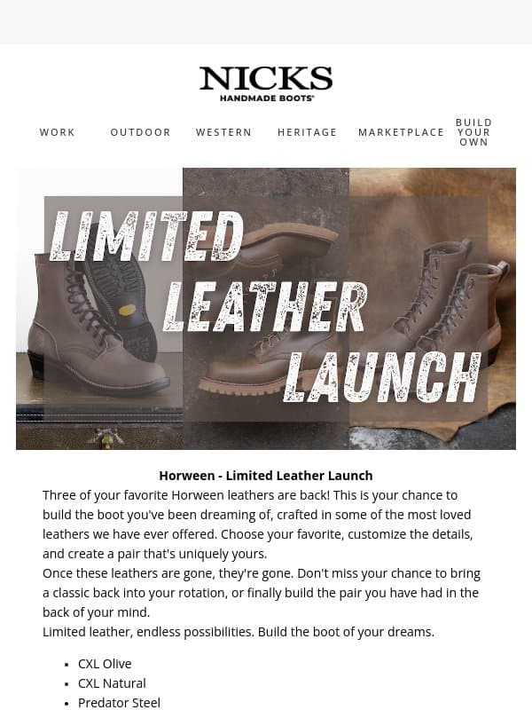 Horween Favorites Are Back email from Nick's Handmade Boots