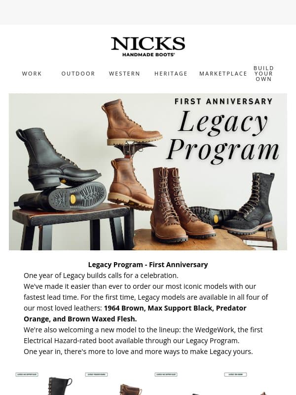One Year Of Legacy Models email from Nick's Handmade Boots
