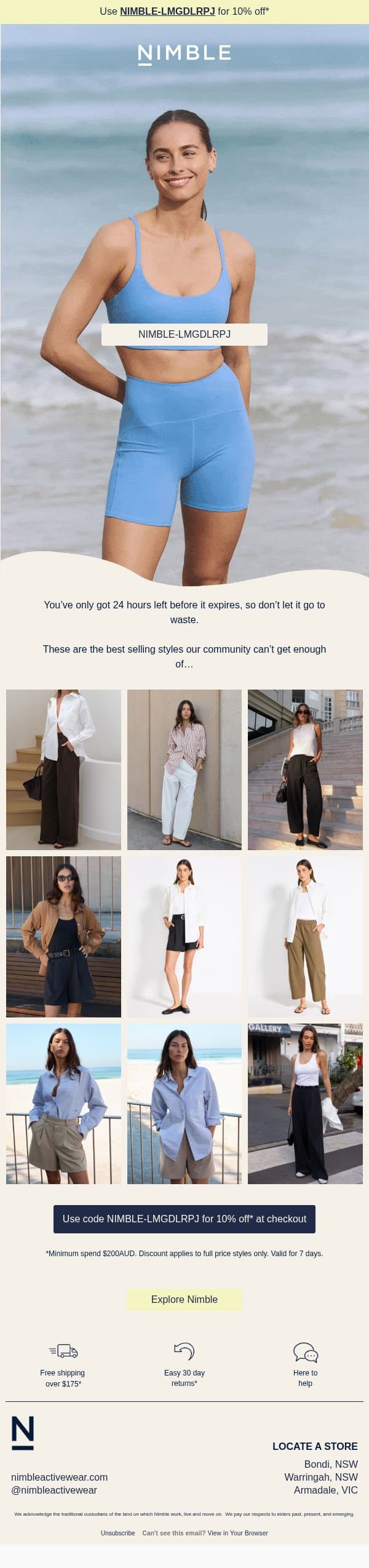 Forgot you had 10% off? email from Nimble Activewear screenshot