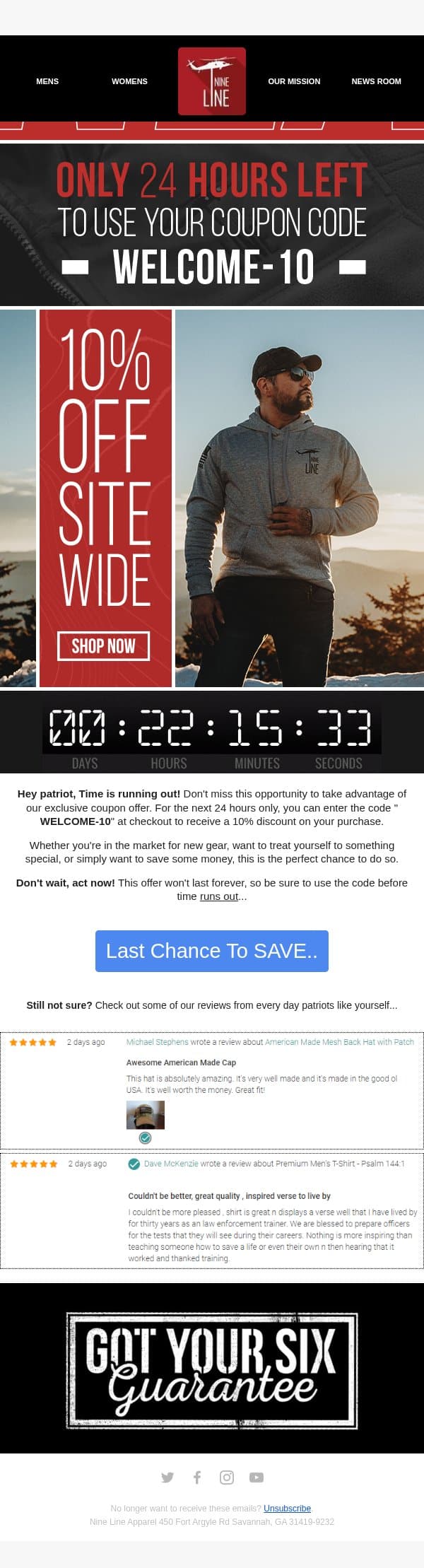 Tic Tock....24 Hours and counting 😲 email from Nine Line Apparel screenshot