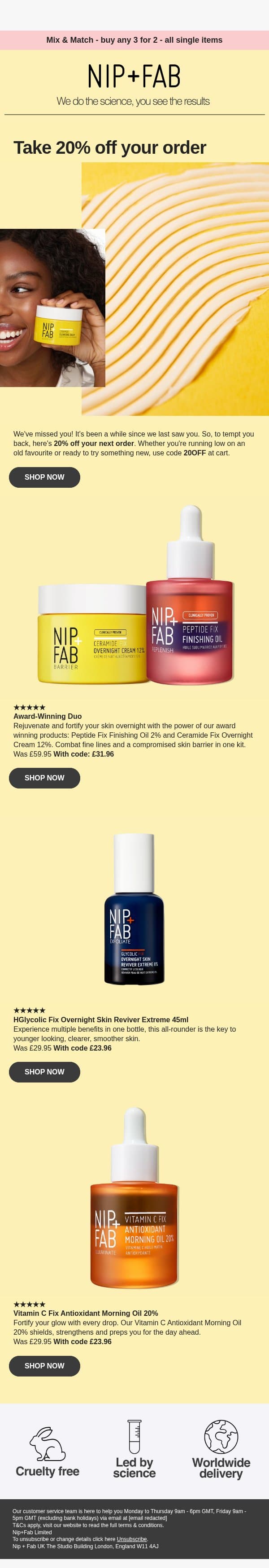 20% off your order email from NIP+FAB screenshot
