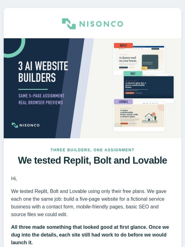 We tested Replit, Bolt and Lovable email from NisonCo