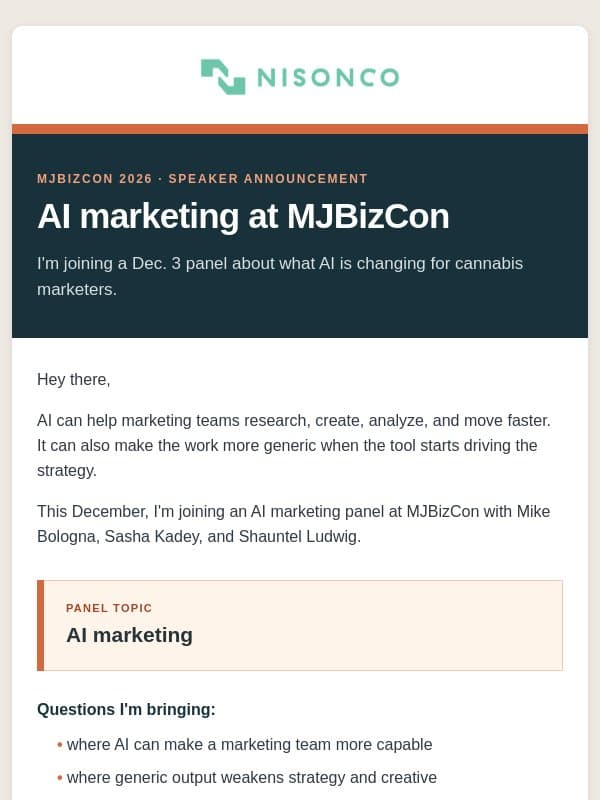 I'm speaking about AI marketing at MJBizCon email from NisonCo