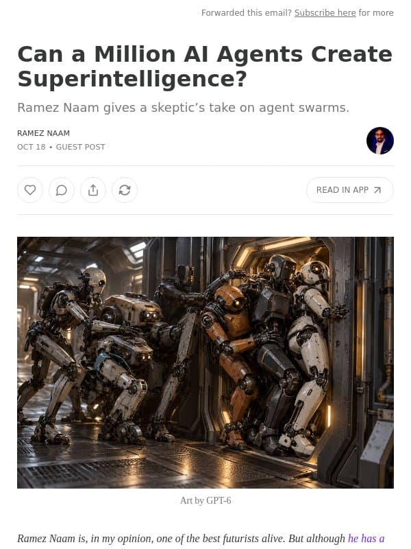 Can a Million AI Agents Create Superintelligence? email from Noahpinion