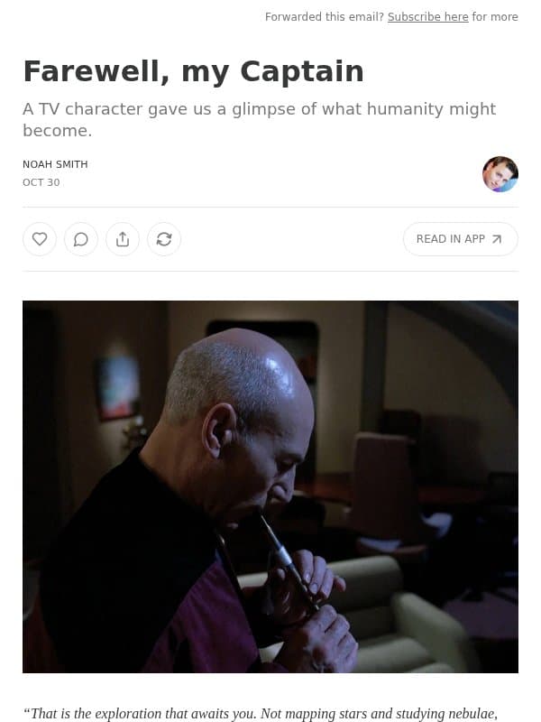 Farewell, my Captain email from Noahpinion