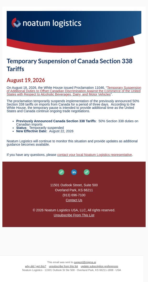 Temporary Suspension of Canada Section 338 Tariffs email from Noatum Logistics screenshot
