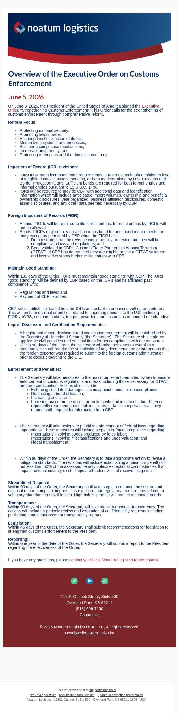 Overview of the Executive Order on Customs Enforcement email from Noatum Logistics screenshot