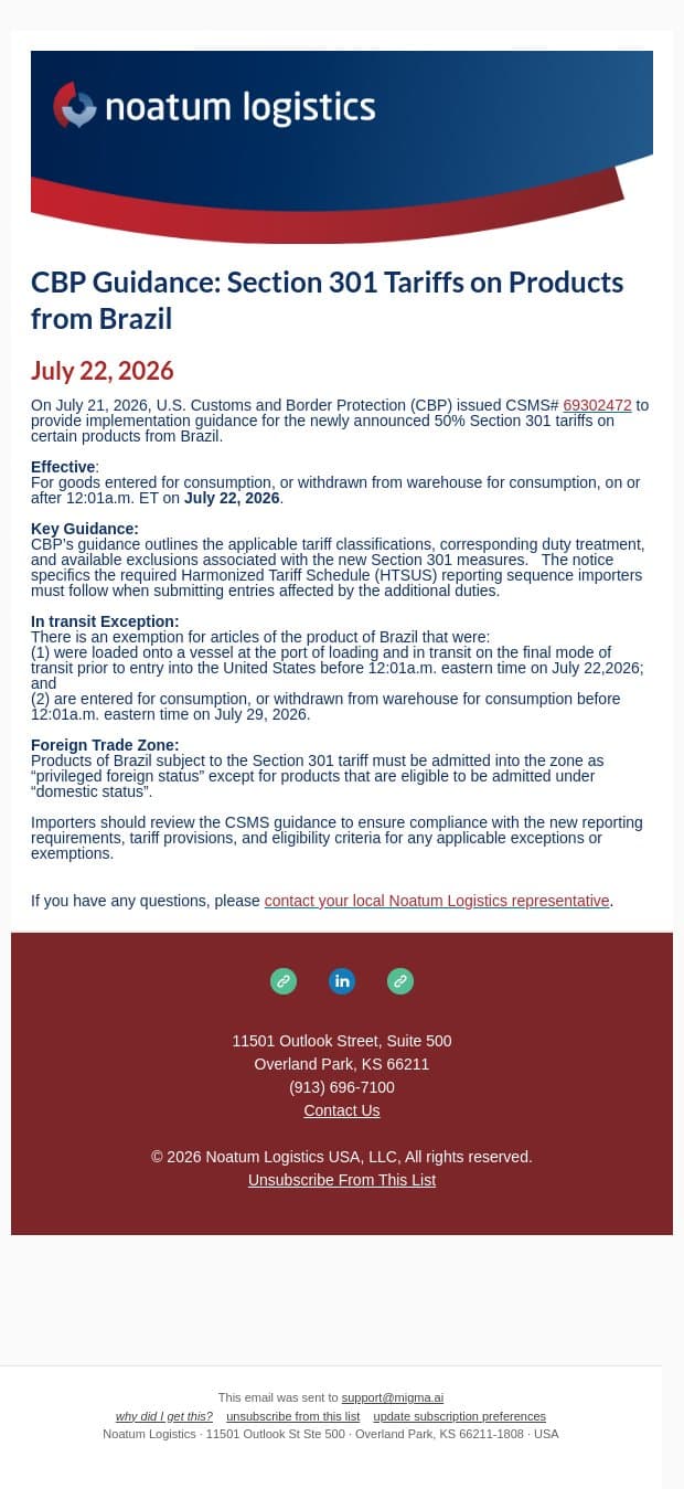 CBP Guidance: Section 301 Tariffs on Products from Brazil email from Noatum Logistics screenshot