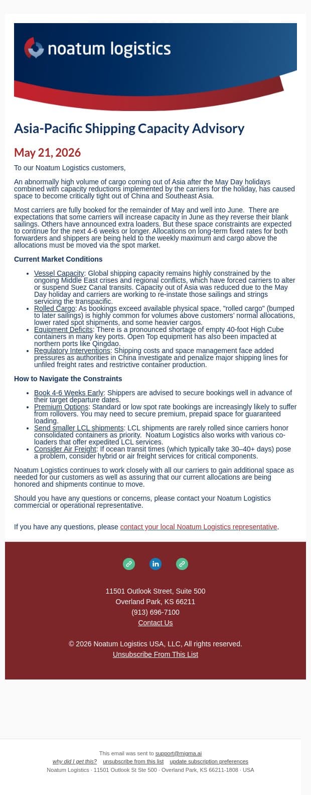 Asia-Pacific Shipping Capacity Advisory email from Noatum Logistics screenshot