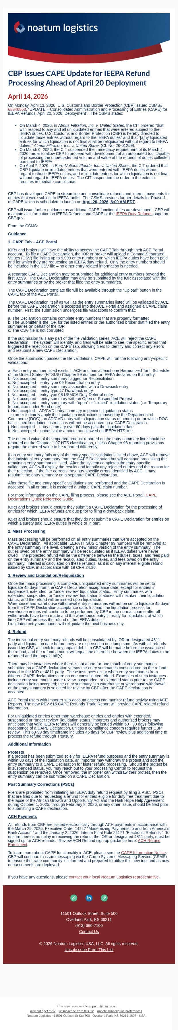 CBP Issues CAPE Update for IEEPA Refund Processing Ahead of April 20 Deployment email from Noatum Logistics screenshot